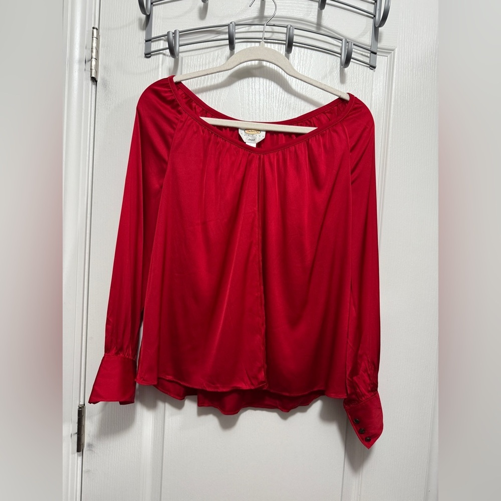 Talbots Silk Split Flyaway Front Blouse Womens 12P Petite Top‎ Red Classic Party